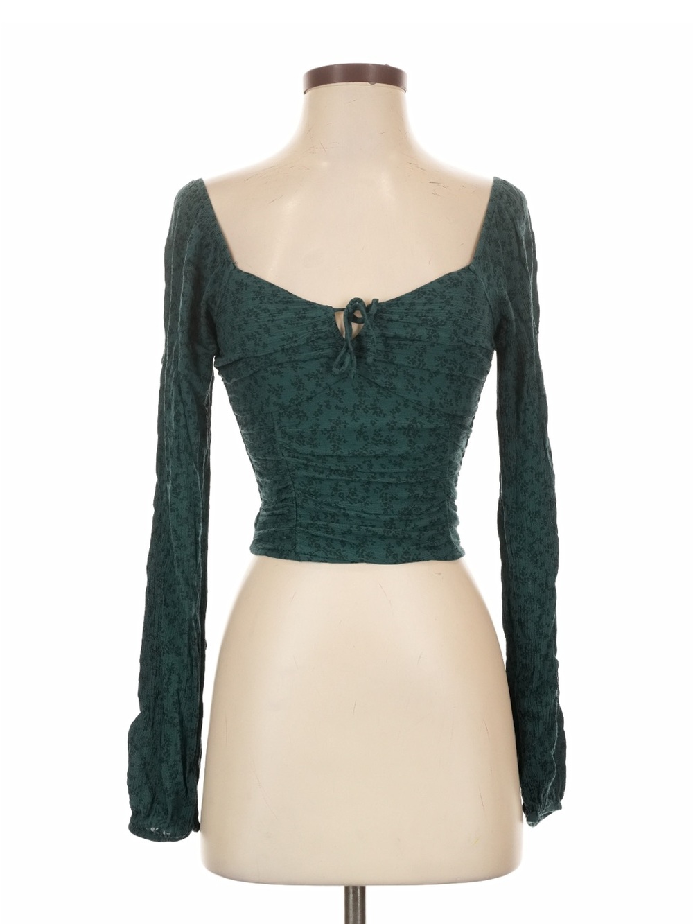 Hollister Dark Green Long-Sleeve Ruched Tie-Front Crop Top
